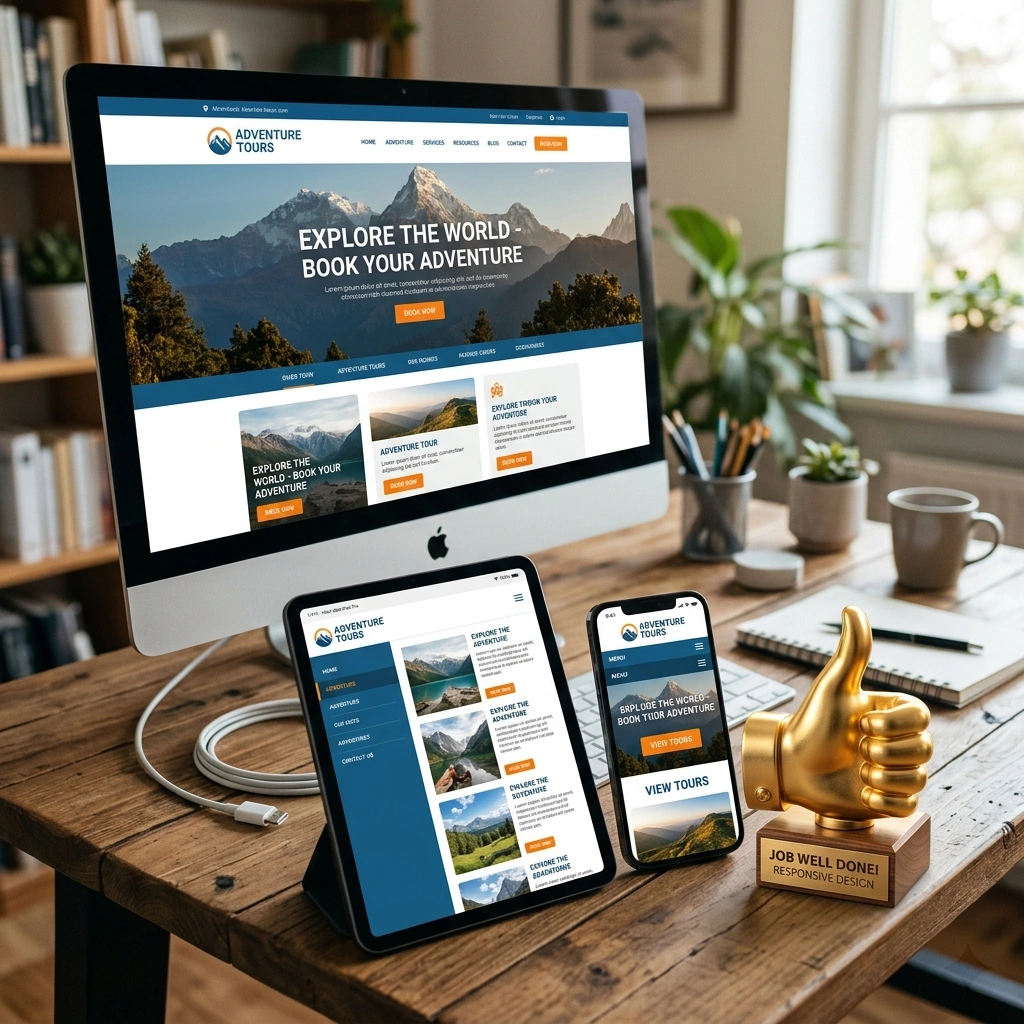 A workspace showing a newly migrated Weebly website on a PC computer, tablet and mobile devices with a job well done award