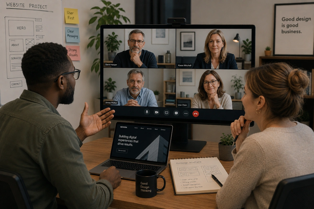 Shows two people from a website design team having a video conference with their clients of 4 people