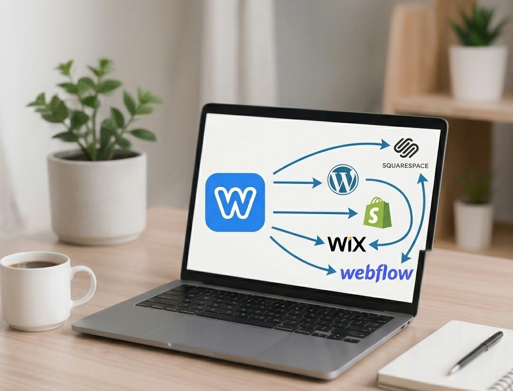 A laptop computer on a desk showing arrows and logos of Weebly, WordPress, Shopify, Squarespace, Wix, and webflow which explains website migration process