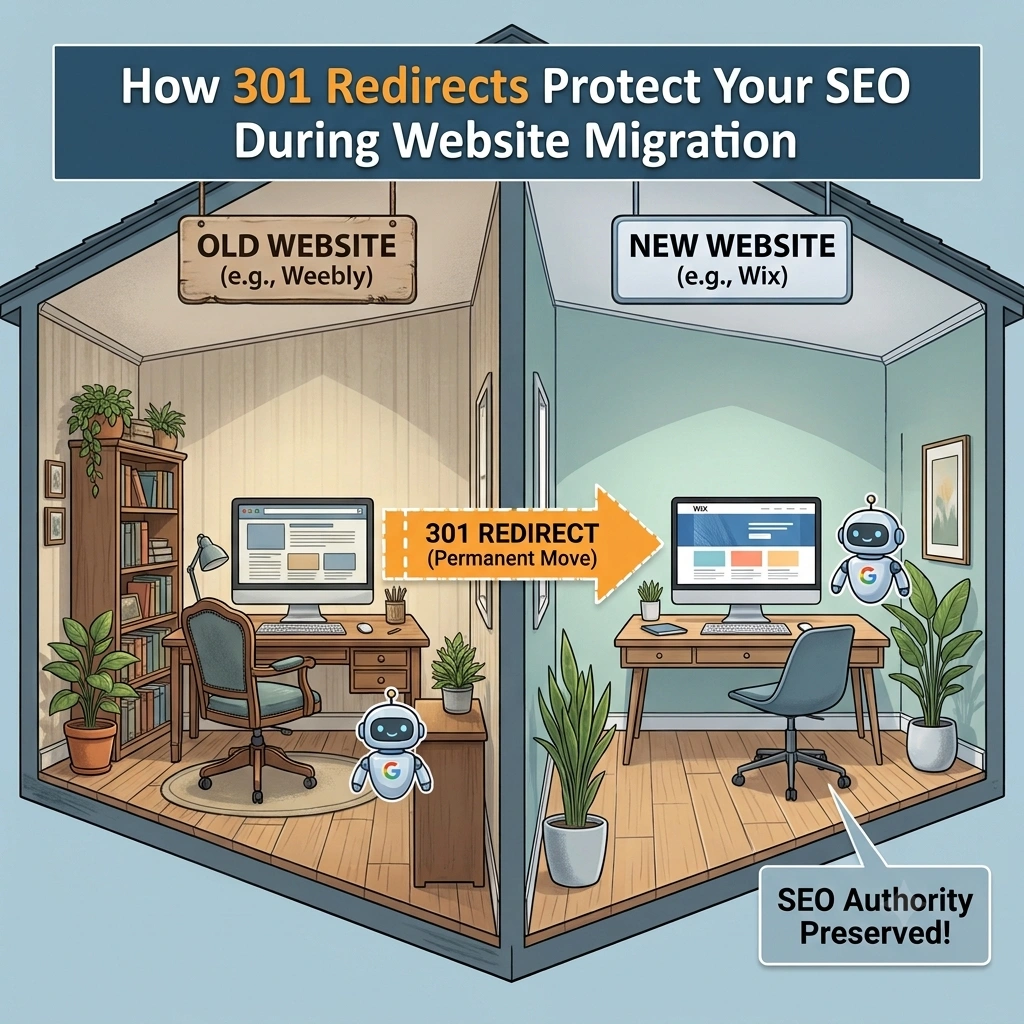 Illustrates how 301 redirects protects and preserves SEO during website migration
